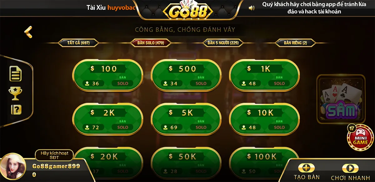 Người chơi sẽ được lựa chọn số người chơi, lựa chọn giữa các tỷ lệ cá cược