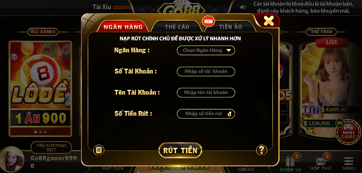 Giao dịch rút tiền tại Go 88 diễn ra nhanh chóng