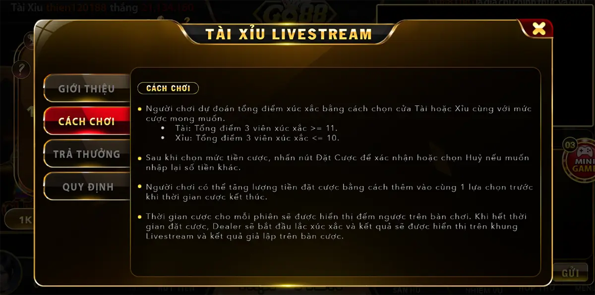 Luật chơi Tài xỉu livestream được Go88 tóm tắt chi tiết