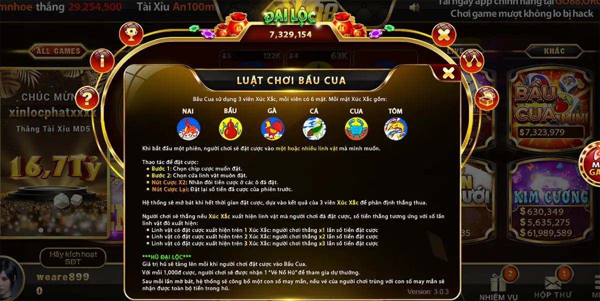 Luật tính tiền khi chơi mini game bầu cua