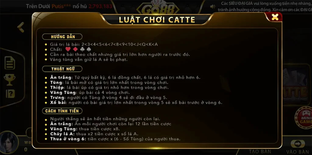 Luật chơi bài Catte Go88