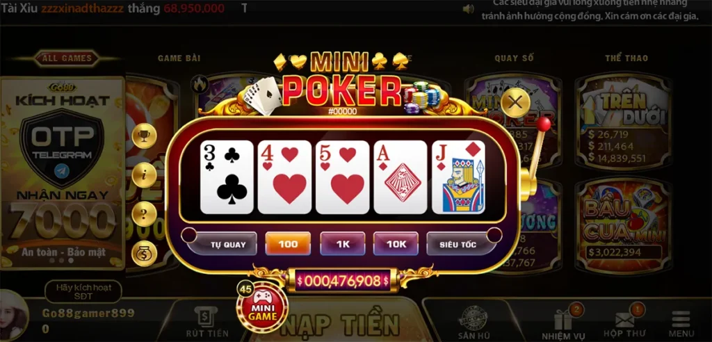 Hướng dẫn cách vào game Mini Poker tại cổng game Go88