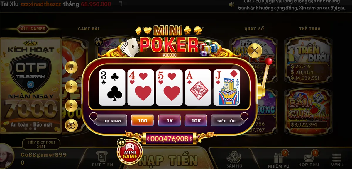 Hướng dẫn cách vào game Mini Poker tại cổng game Go88