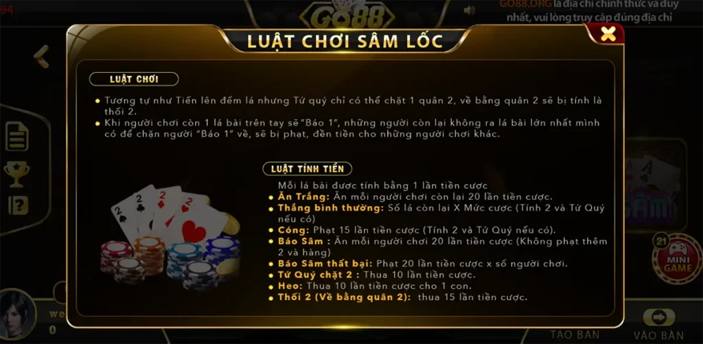 Luật chơi trong game Sâm Lốc Go88 quy định bởi hệ thống