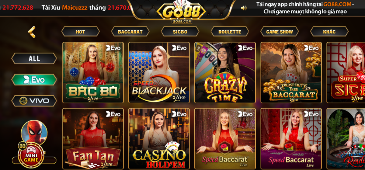 Các siêu phẩm hấp dẫn tại sảnh cược Evo Casino Go88 online