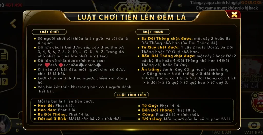 Luật chặt hàng trong game đánh bài tiến lên Go 88