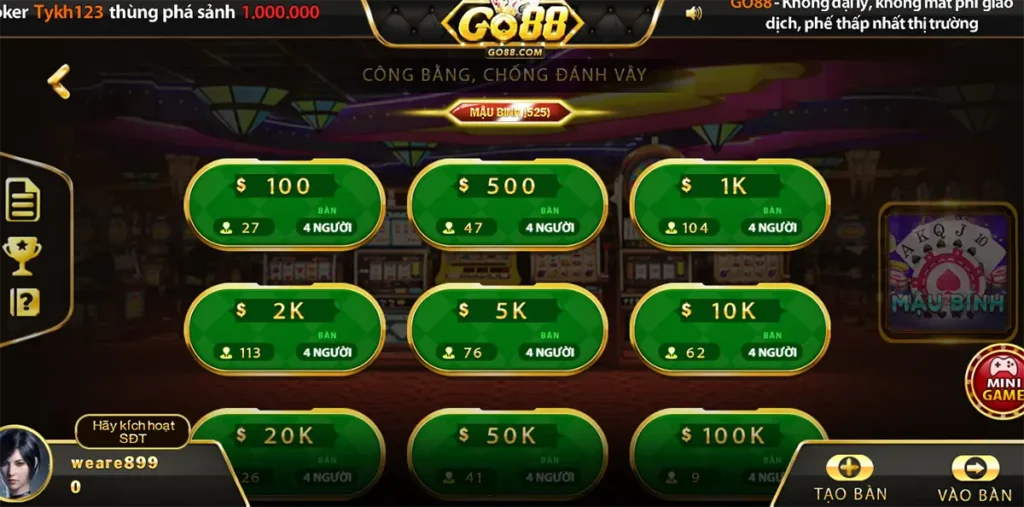 Nhận thưởng khủng từ Go88 khi trải nghiệm game bài Mậu binh 